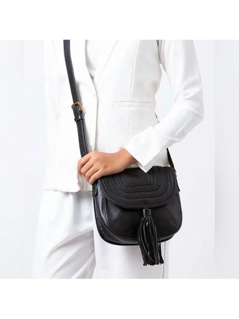 Fossil Emi Leather Tassel Crossbody Black Saddle Bag